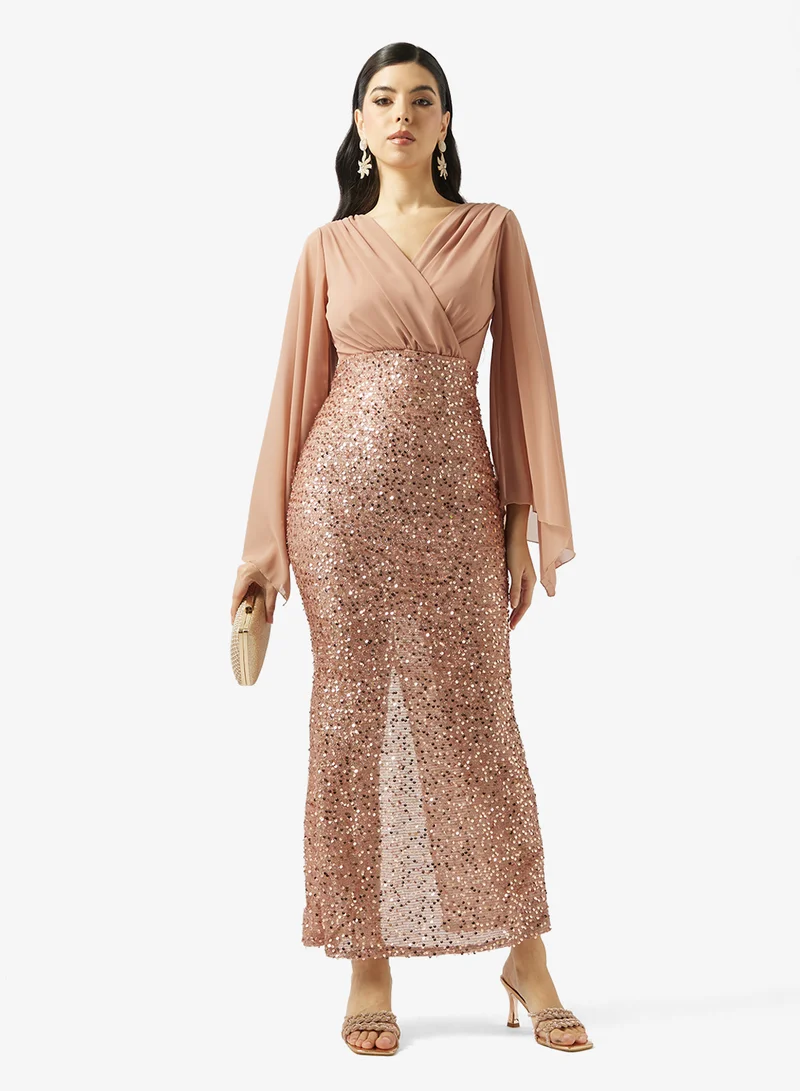 Khizana  Shimmer Dress With Flutter Sleeves for Women | Best Price UAE